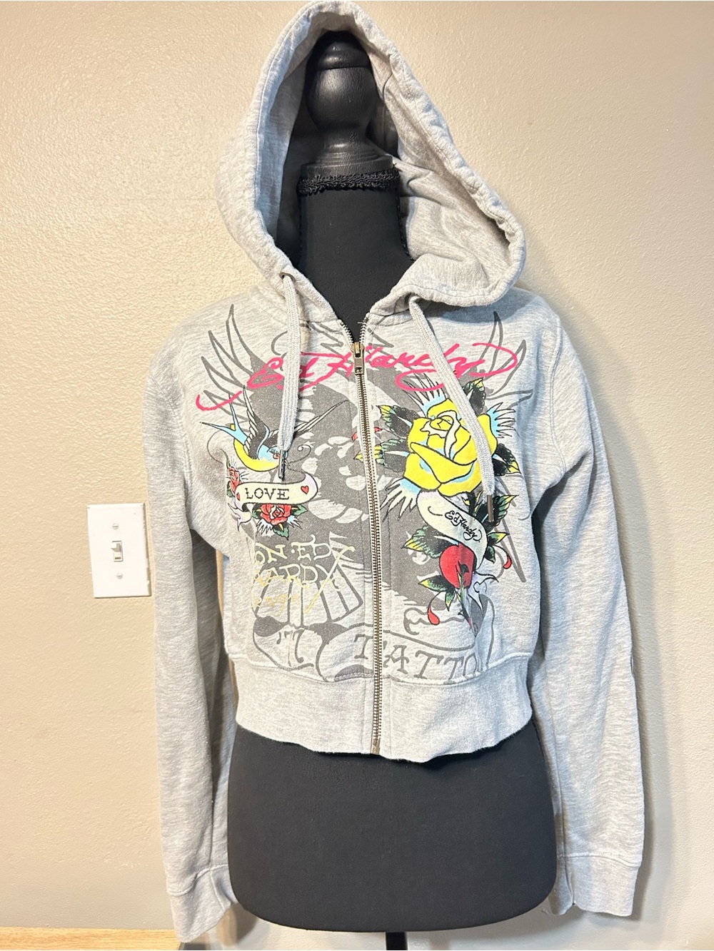 Ed Hardy Women’s XL Gray Cropped Zip Hoodie Brave Hearts Eagle Tattoo Y2K